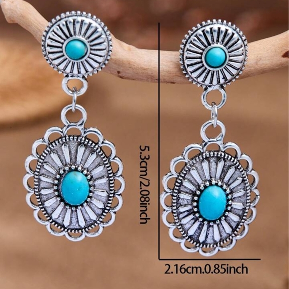 Silver Turquoise Concho Western Dangle Earrings - Picture 2 of 2